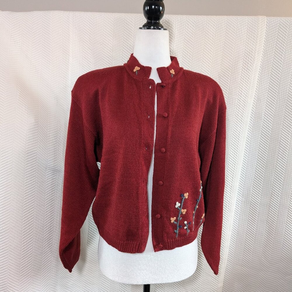 Vintage Cardigan Knit Embroidered Flowers Brown Size M to L Cottagecore Grandma